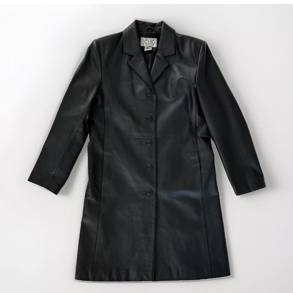 Clio Womens Black Leather Pockets Long Sleeve Collared Trench Coat Size 4